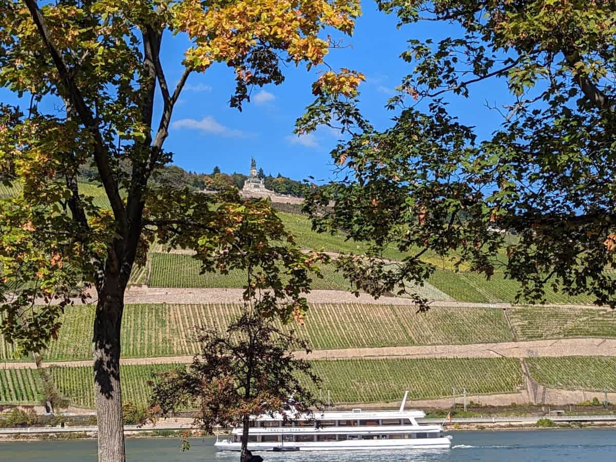Blick auf dem Rhein und die ansteigenden Weinberge von Rüdesheim, an deren Spitze das Niederwalddenkmal thront