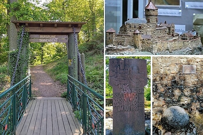 Burg Tannenberg Zugbrücke, Kanonenkugel und Modell 