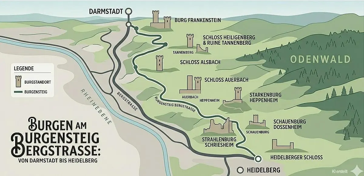 Ubersichtskarte der schönsten Burgen an der Bergstraße Ubersichtskarte der schönsten Burgen an der Bergstraße