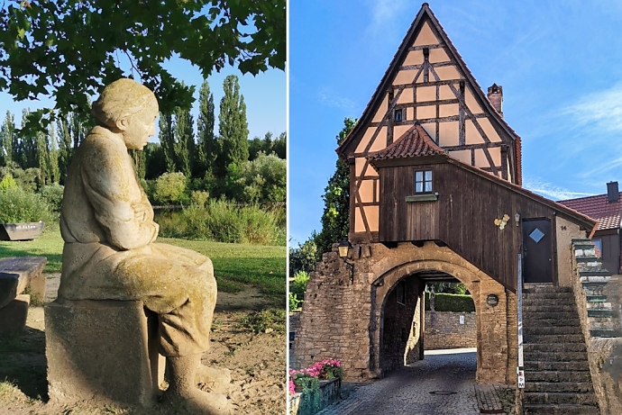 Stadttor Frickenhausen und Skulptur am Main in Frickenhausen