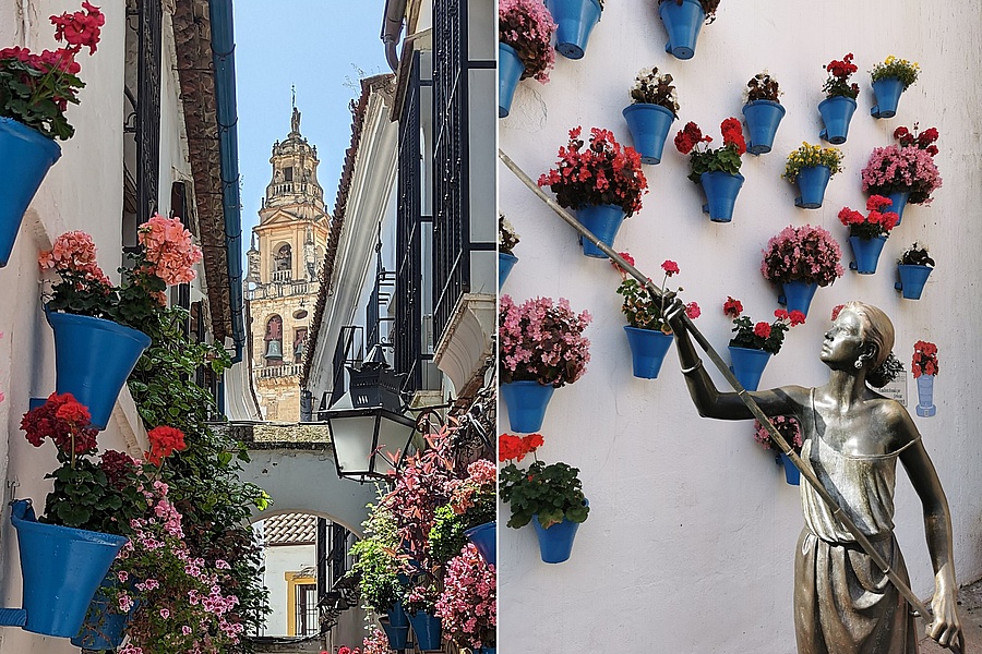 Blumengasse in Cordoba mit Blick auf den Glockenturm der Kathedrale