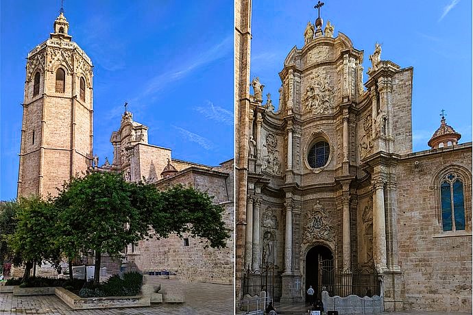 Haupteingang Kathedrale Valencia und Glockenturm Miguelete