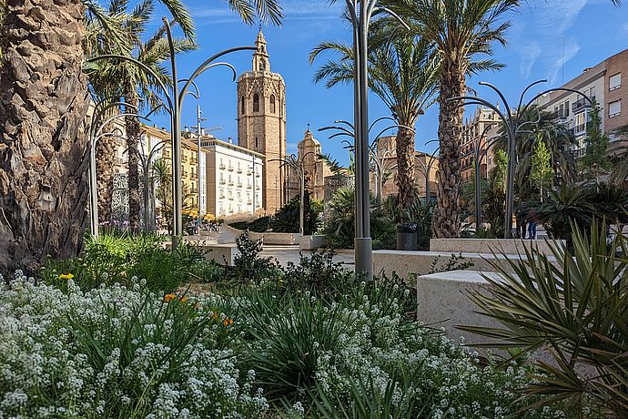 ​Placa de la Reina mit Blick auf die Kathedrale von Valencia 