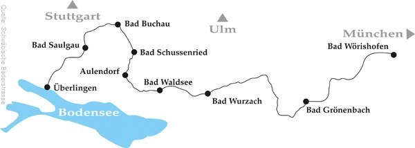 Der Streckenverlauf der Schwäbischen Bäderstrasse vom Bodensee bis nach Bad Wörishofen